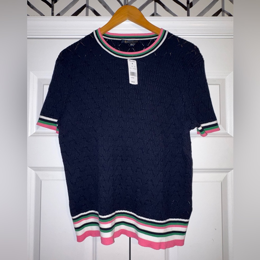 Brooks Brothers Women's Tennis Sweater Cotton Cable Knit Navy Sz XL